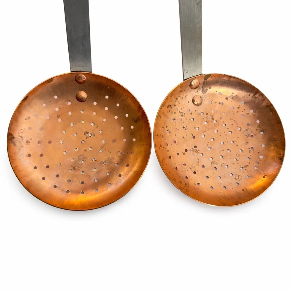 2 Vintage Copper Skimmer Spoons 12” French Kitchen Strainer Ladle Rustic Chef